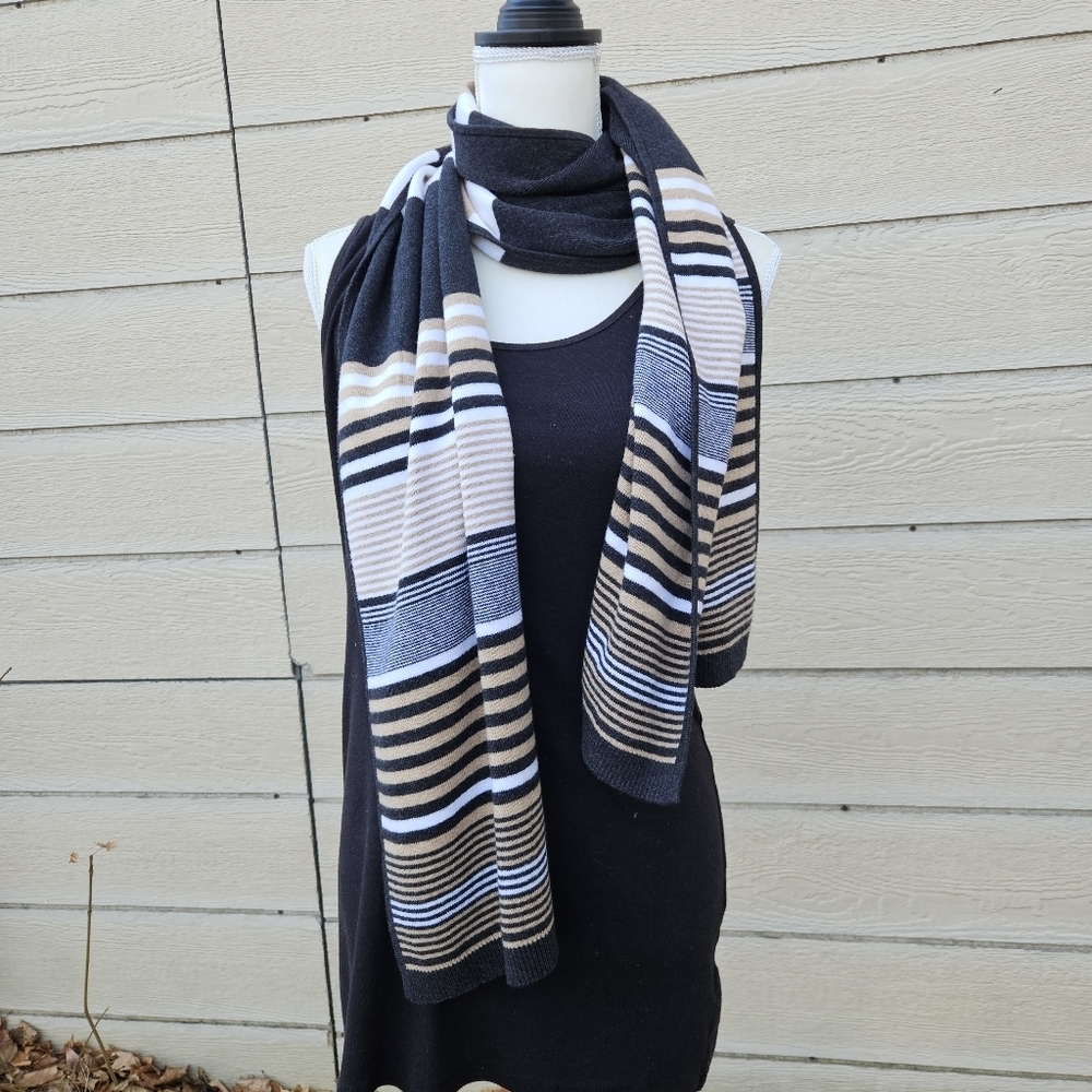 Murano cotton cashmere blend striped scarf black white tan